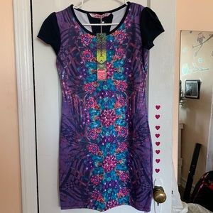 Dark Purple Reina Floral Cap-Sleeve Dress